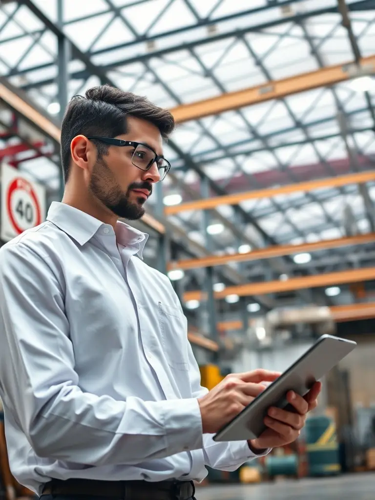 An inspector reviewing a fire safety report on a tablet in a commercial building, with safety equipment visible in the background, ensuring compliance.