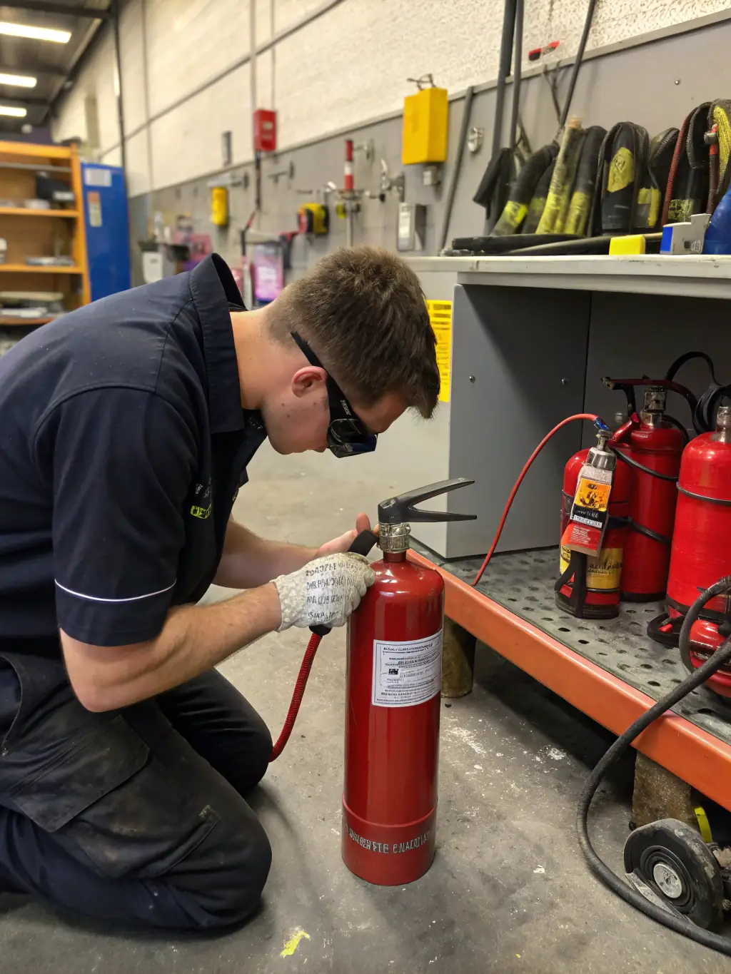 Technician inspecting and servicing a fire extinguisher in a commercial setting, with tools and safety gear nearby, ensuring it is ready for use.
